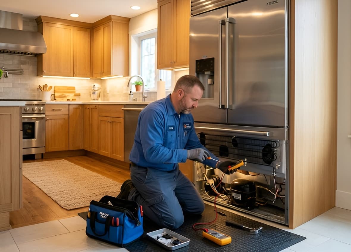Appliance repair technician fixing refrigerator in kitchen